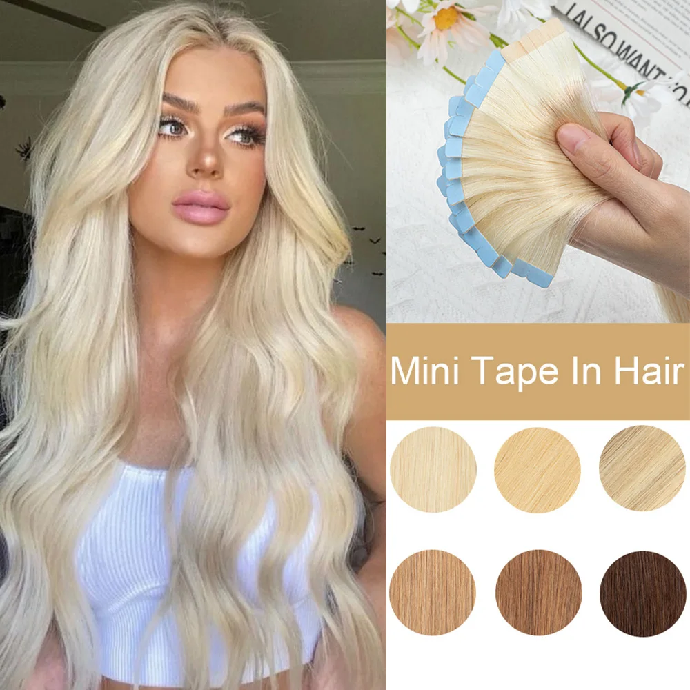 Blond Mini Tape in Hair Extensions Human Hair Natural Straight Black Brown Double Side Seamless PU Skin Weft Tape Ins 10pcs