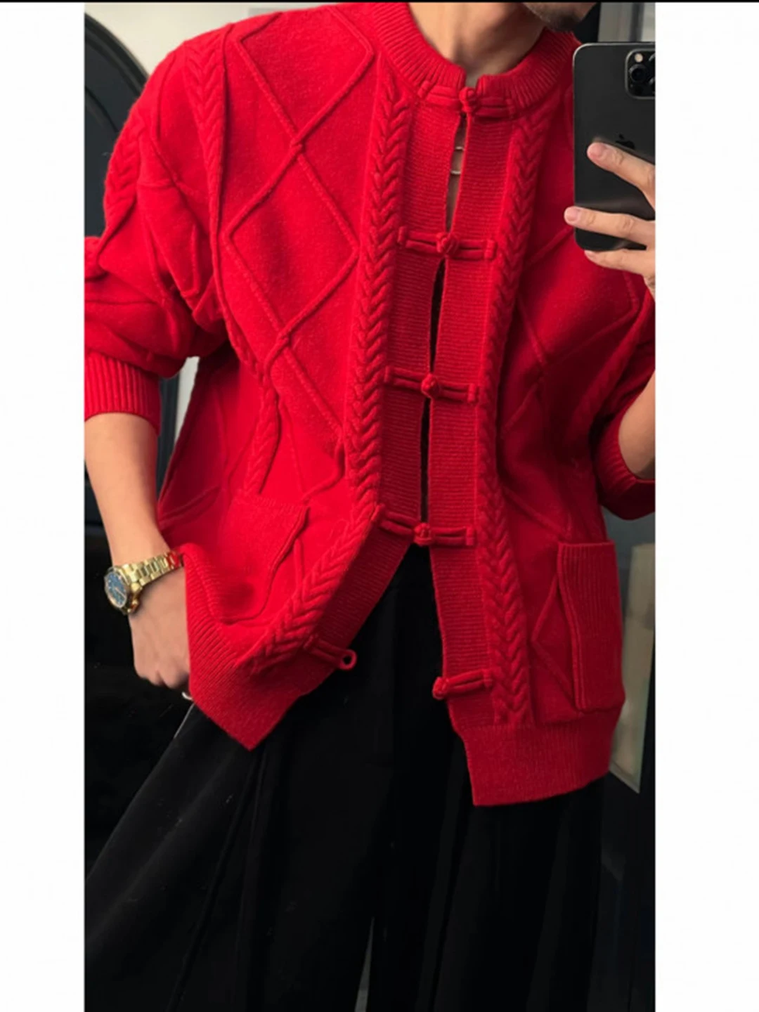 

Красный вязаный кардиган с ромбовидным узором, мужской зимний винтажный свитер в американском стиле, ретро-вязаная кофта на пуговицах, наряд на Новый год