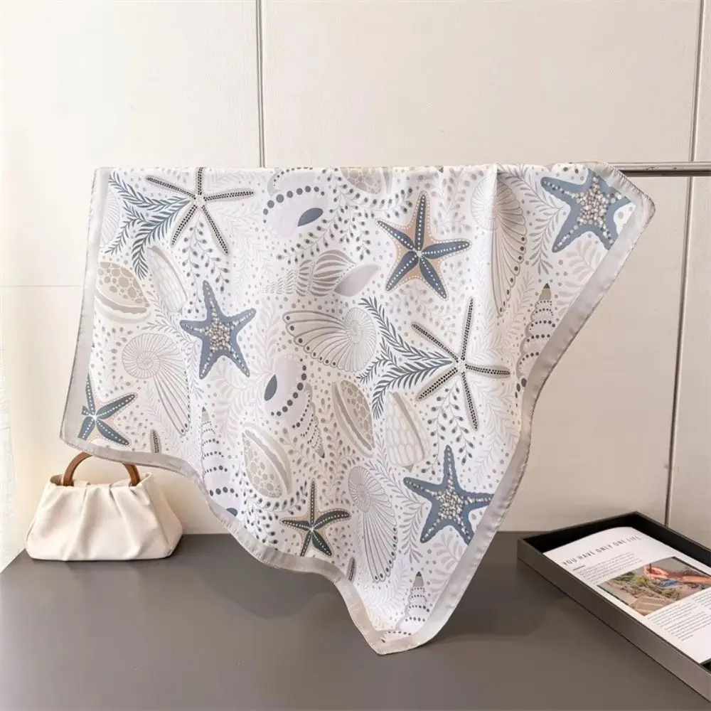 

Retro Printed Starfish Print Scarf Sea Star Conch Shell Silk Scarf Headband Geometric Shape Satin Hijab Beach