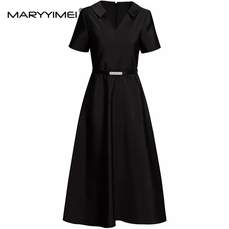 

MARYYIMEI Fashion Design Summer Women's Dress V-Neck Short Sleeved High Waisted Sashes Streetwear Ball Gown Dresses