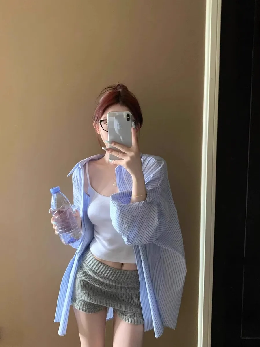 

Blue Striped Casual Long Sleeved Shirt Women's Spring Summer Korean Loose Sun Protection Top Single Breasted Blouse Jacket