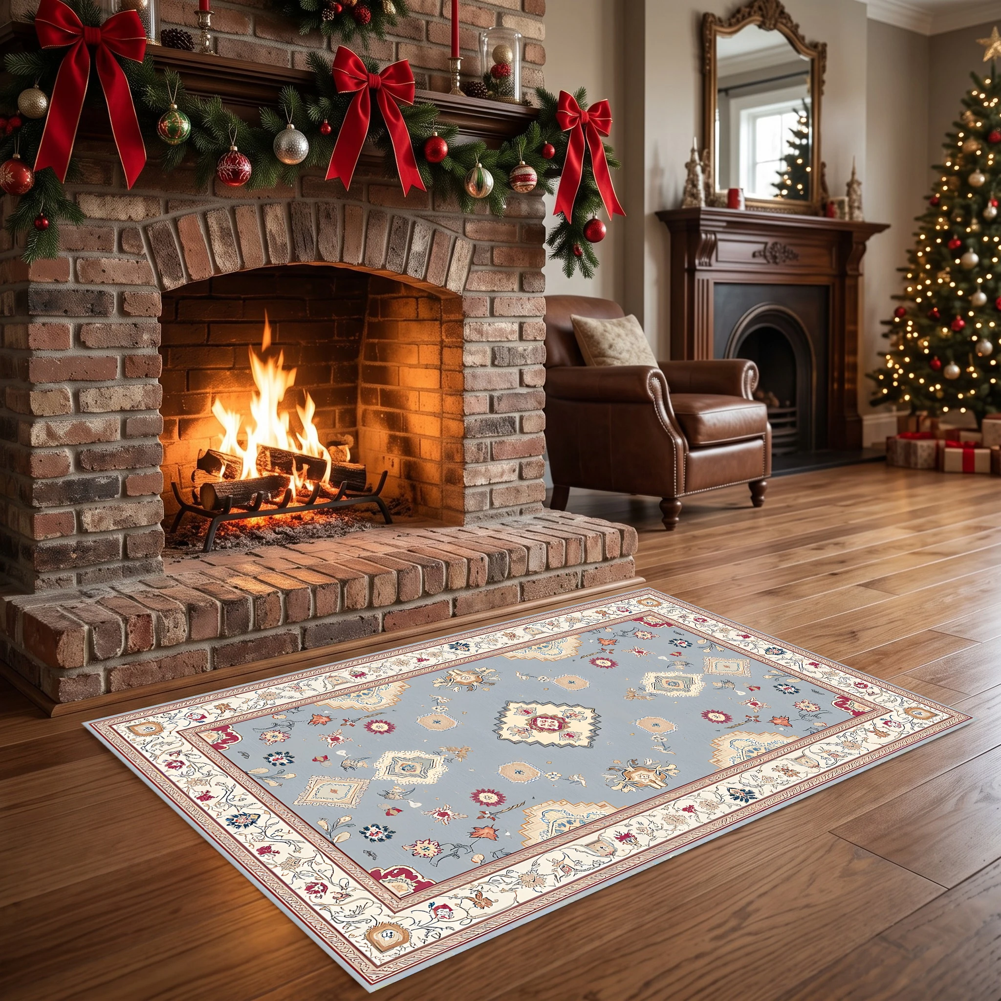 Light Blue Symmetrical Diamond Floral Pattern Retro-Style Warm and Cozy Living Room/Bedroom Christmas Soft Furnishing Autumn/Winter Velvet Rug