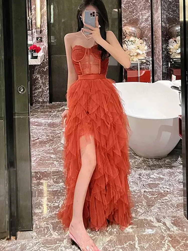 

Ретро ажурный кружевной топ с рыбьей косточкой, сумка на бедрах, мини-короткое платье + сетчатая пышная юбка с разрезом, новая летняя мода, женский костюм-двойка