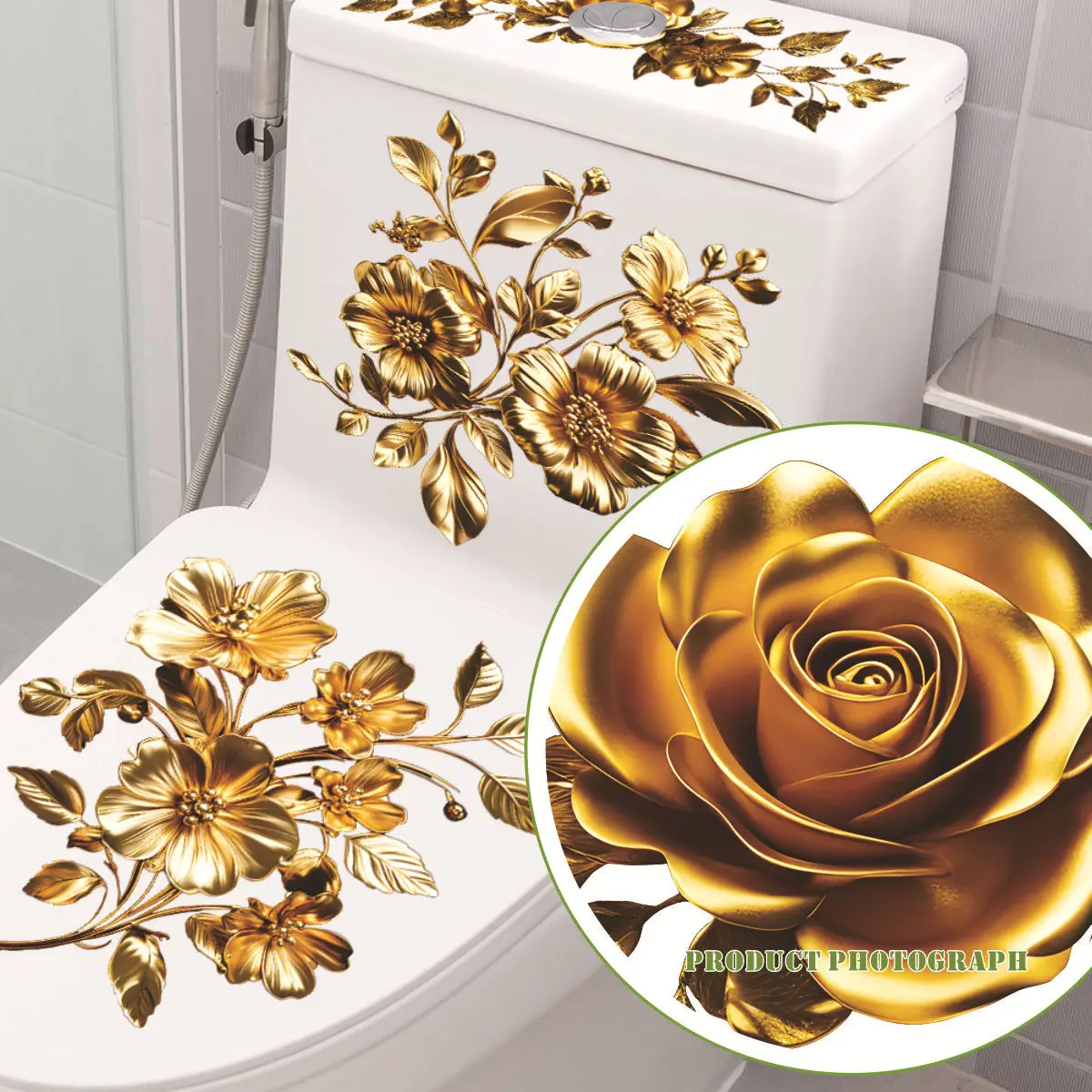 Beautiful Golden Flower Toilet Sticker Bathroom Toilet Cover Decorative Sticker Waterproof Self Adhesive