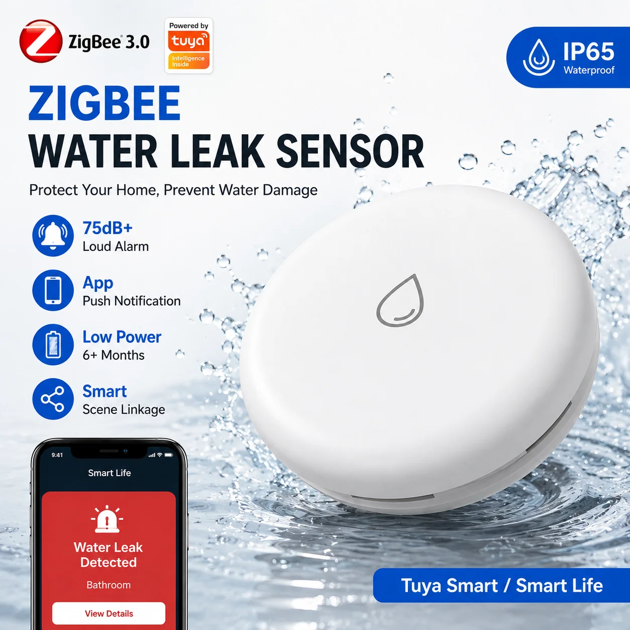 

Tuya ZigBee Smart Water Sensor Leak Detector Flood Water Leakage Alarm IP67 Smart Home Security Monitor Work With Zigbee Gateway