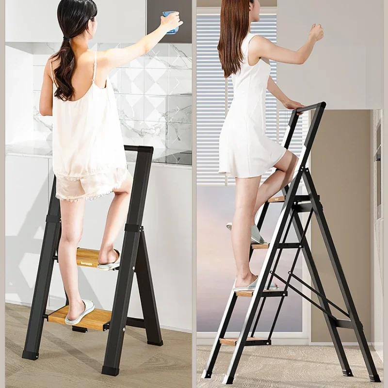 Indoor Multi-Function Folding Ladder Aluminum Alloy Foot Stool Portable Three-step Folding Ladder Telescoping Storage Rack