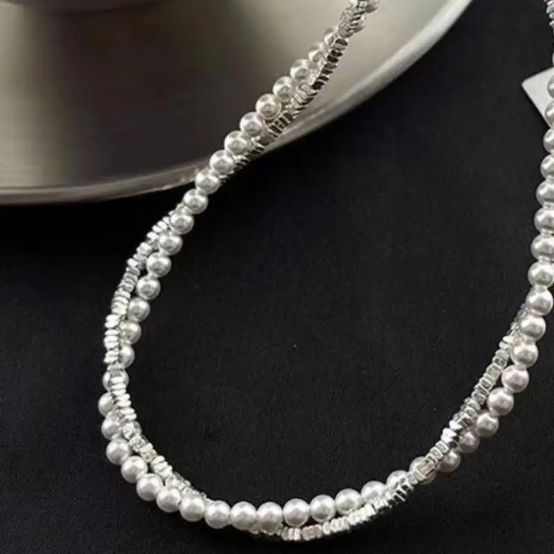 Double Layered Dainty Choker Faux Small Pearl Shiny Silver Beads Fashion Jewelry for Women Daily Party Wear