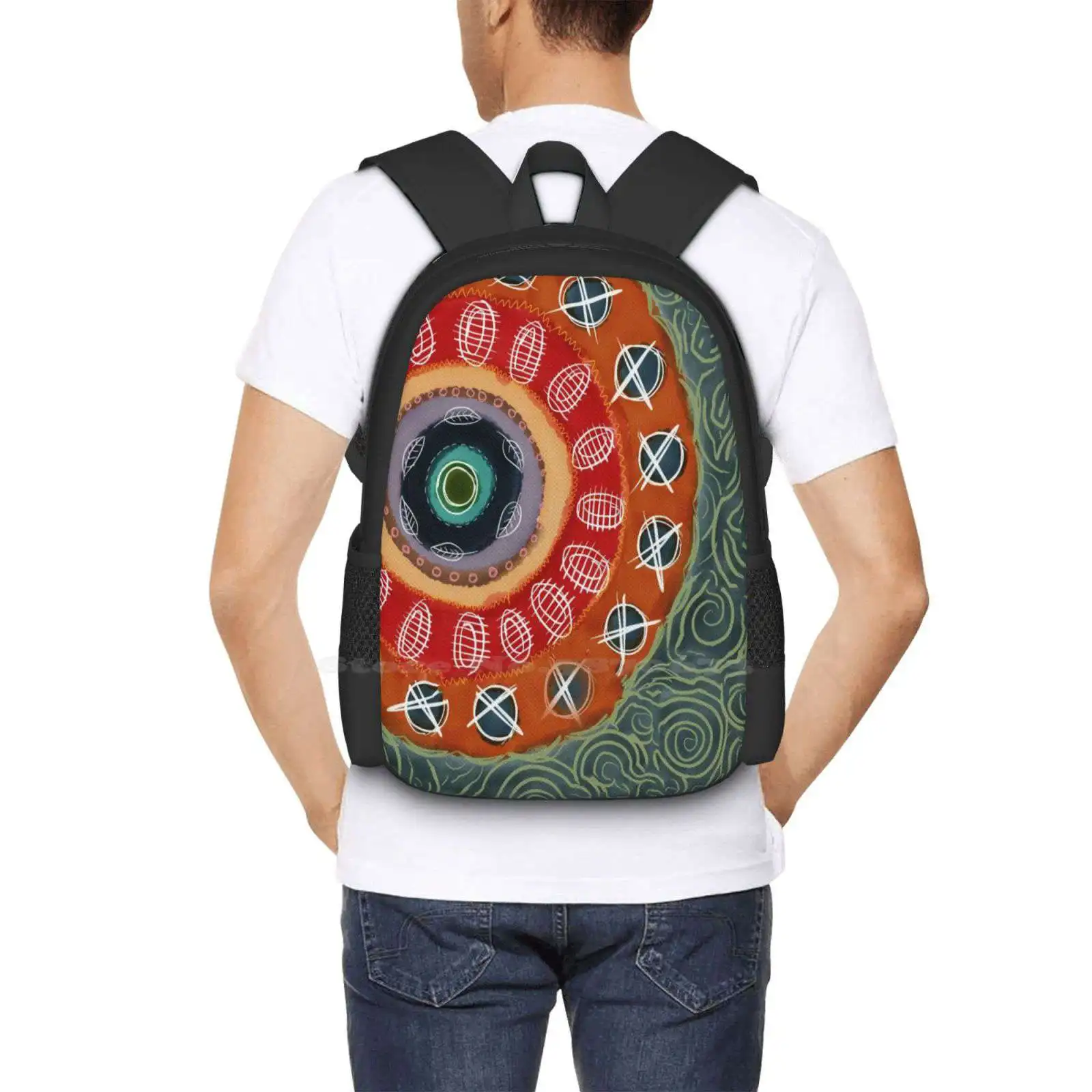 Circle Upon Circle Hot Sale Backpack Fashion Bags Circles Mandala Doodles Leaves Orange Teal Green Red Summer Funky Round And