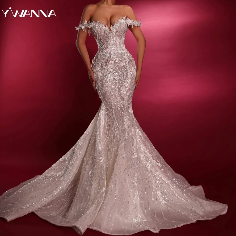 

Graceful Off The Shoulder Bridal Dress Sparkly Sequins Beads Wedding Gown 2024 Luxury Mermaid Long Bride Robe Vestido De Novia