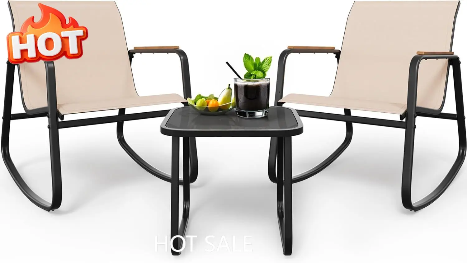 

Patio Rocking Bistro Set, 3 Piece Durable Textilene Outdoor Furniture Set, Wooden Armrest Rocker Chairs & Glass Table for Garden