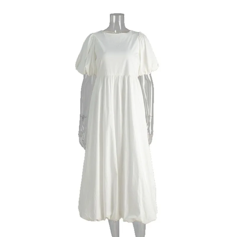 

Pure Cotton Round Neck Bubble Sleeve Dress 2025 Spring and Summer Solid Color Loose Casual Dress