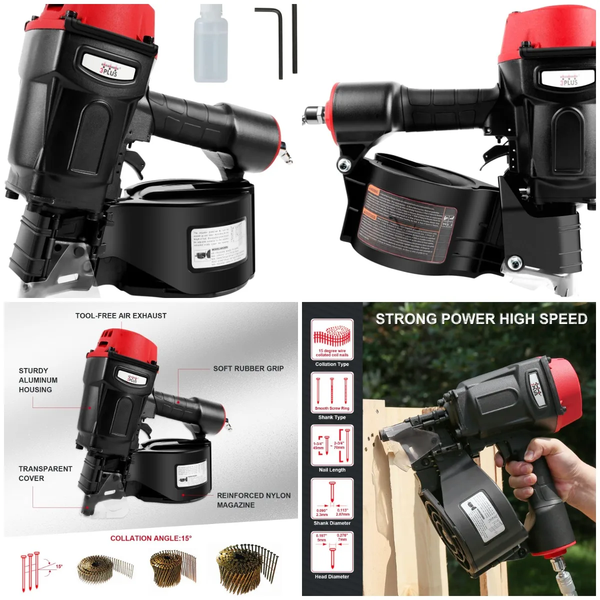 

HCN70SP Pneumatic Coil Nailer, Air Nail Gun for 15° 1.75'-2.75' Wire Nails