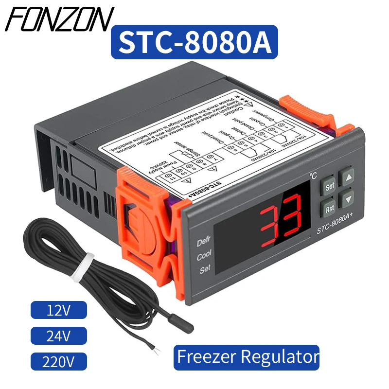 STC-8080A LED Digital Temperature Controller  Cooling & Freezer Regulator with Frost Alarm 12V/24V/220V Cold Storage Dual Sensor