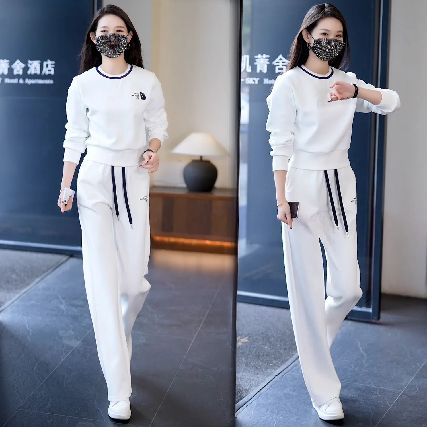 Casual Foreign Style Round Neck Sports Suit Women\'s  Spring New Fashion Temperament Age-reducing Wide-leg Pants Two-piece Trendy