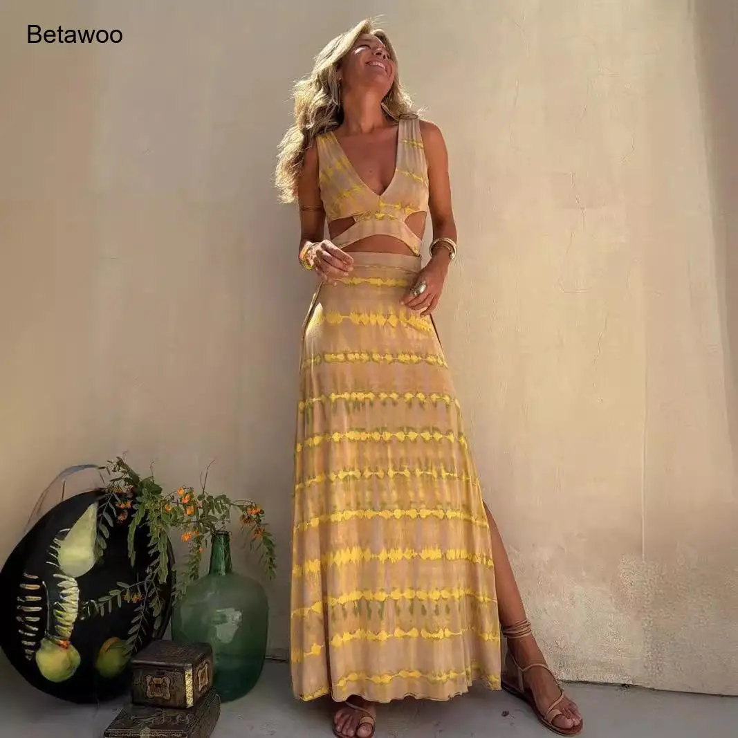 Women's Boho Tie-Dye Print Cutout 2 Piece Set - Crop Top & High Slit Maxi Skirt