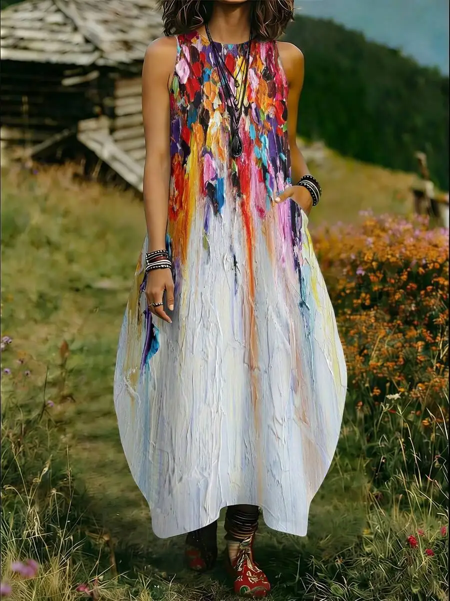 

Womens Sleeveless Round Neck Tulip Dress Colorful Abstract Paint Print Casual Maxi Dress