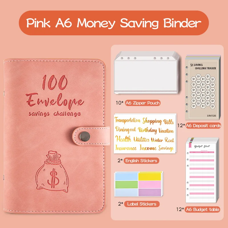 A6 PU Money Saving Challenge with 12Sheet Saving Budget Loose-Leaf Binder Budget Binder With Cash Envelopes Money System