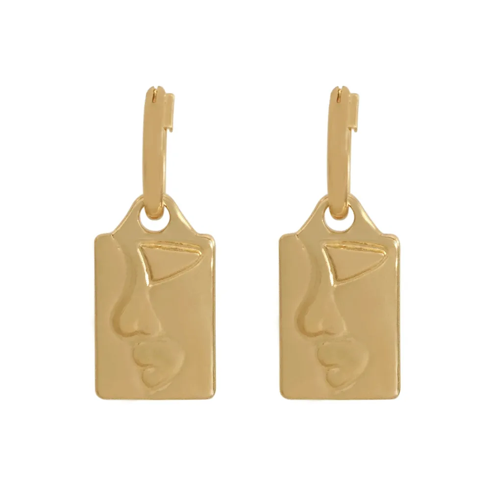 Gorgeous Gold Color Plating Face Engraved Square Charm Earrings For Women Girl Modern Sculpture Casual Unique Feminist Jewelry