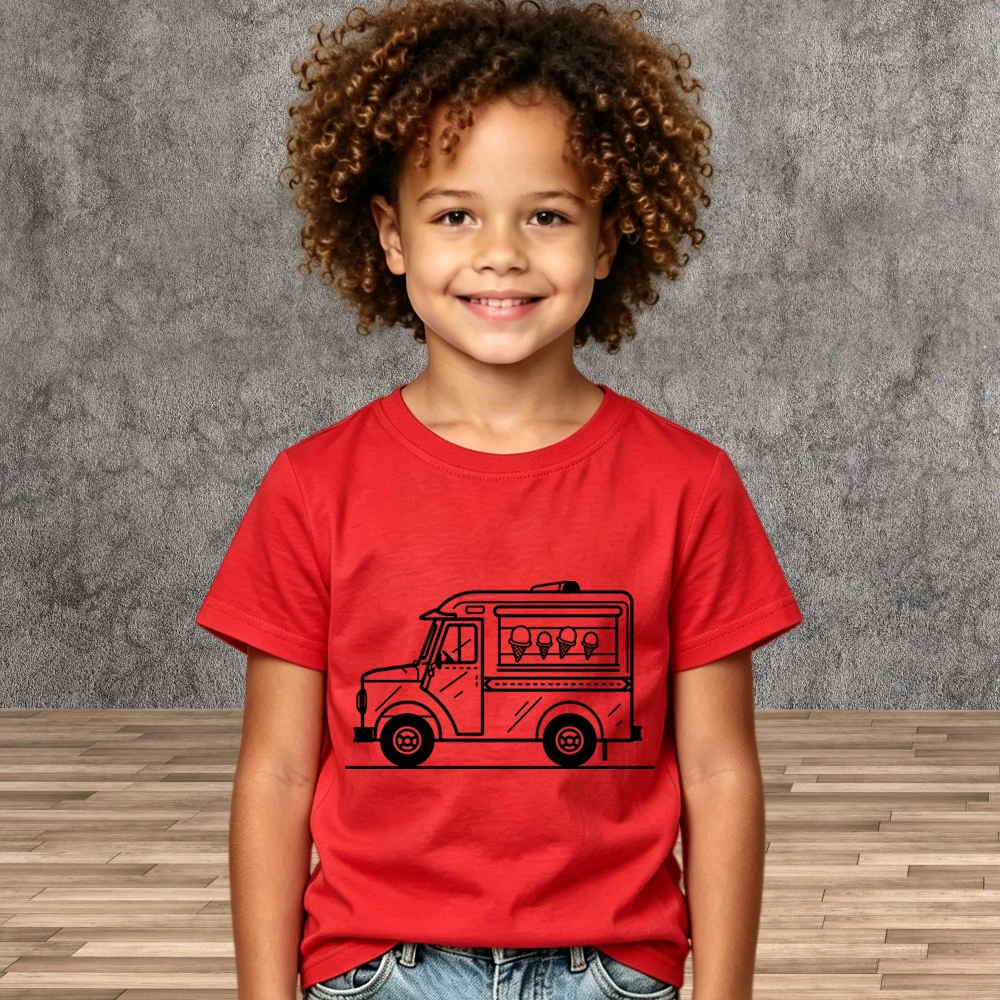 Kids Soft Cotton Short Sleeve T-Shirts Ice Cream Truck Print Crew Neck Tops Summer Toddler Clothes Boys Girls Shirt