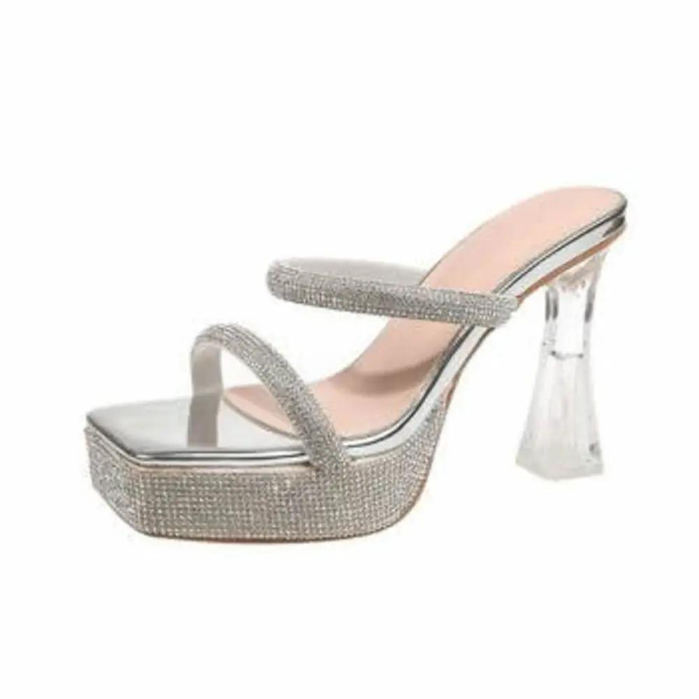 

Summer New Style Women's High Heels Sandals Fashionable Elegant Square Head Thick Heel Ins silver Trendy Cross-border