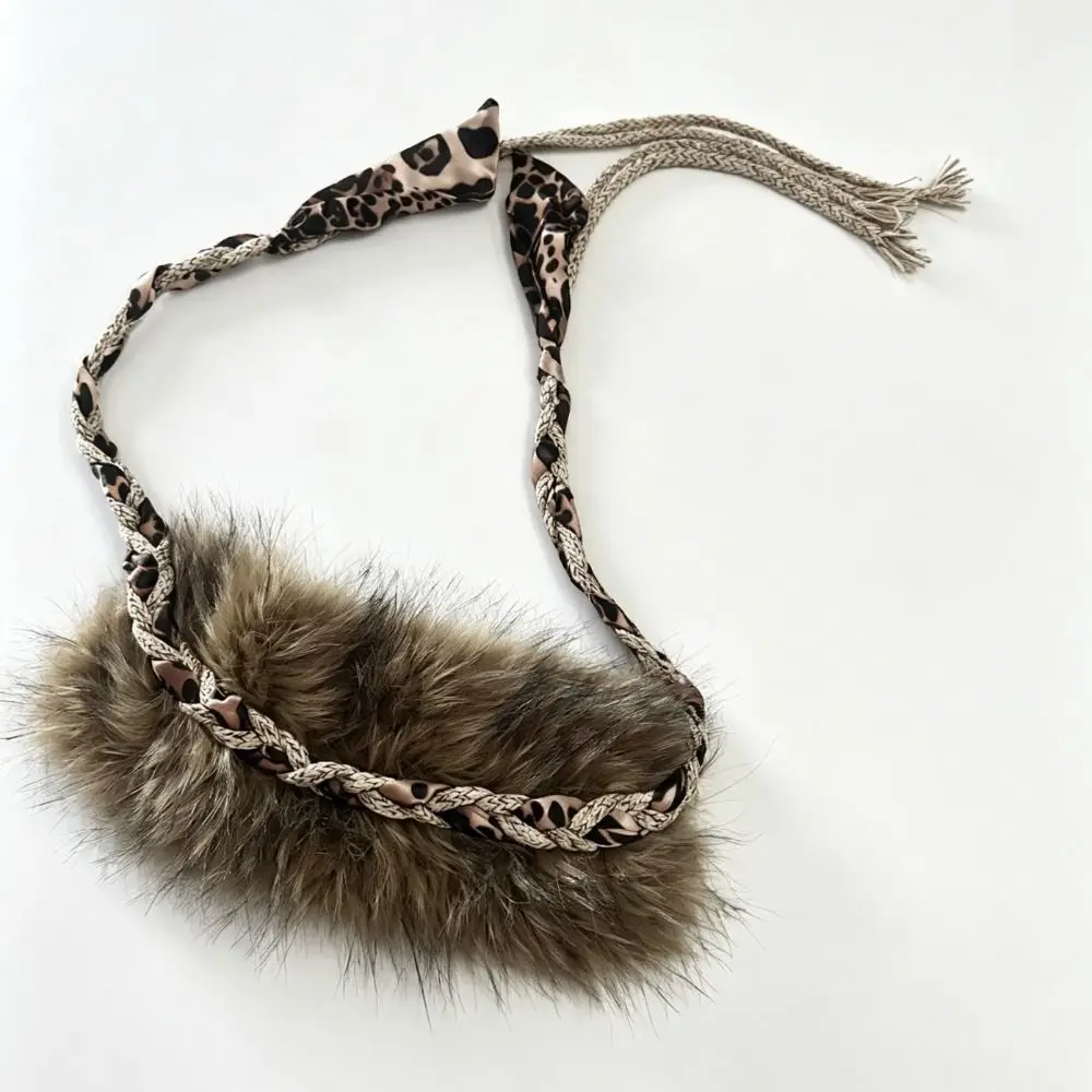 Faux Fur Leopard Print Waist Belt Fabric Decor Pom-Pom Tassel Tassel Waist Belt Fuzzy Rope Faux Fur Rope Belt Party Wear