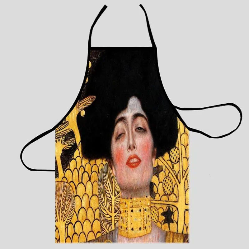 Art Kiss Gustav Klimt Kitchen Apron Dinner Party Cooking Apron Adult Baking Accessories Waterproof Fabric Printed Cleaning Tools