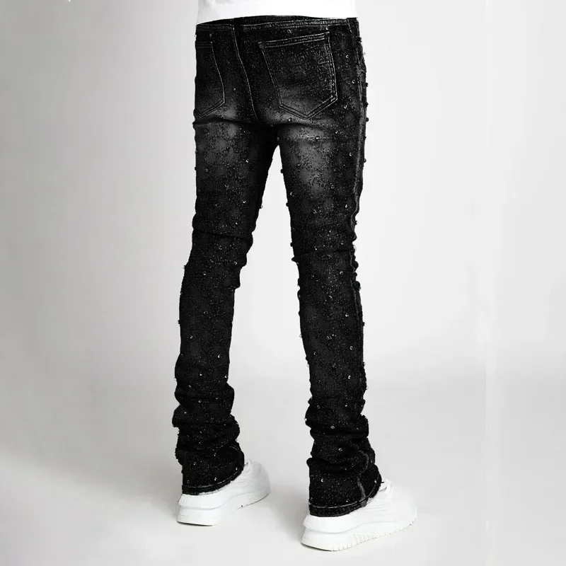 Personality Stacked Jeans for Men Slim Fit Stretchy Pearls Denim Laminated Pants for Men Fashion Straight Man\'s New Jeans