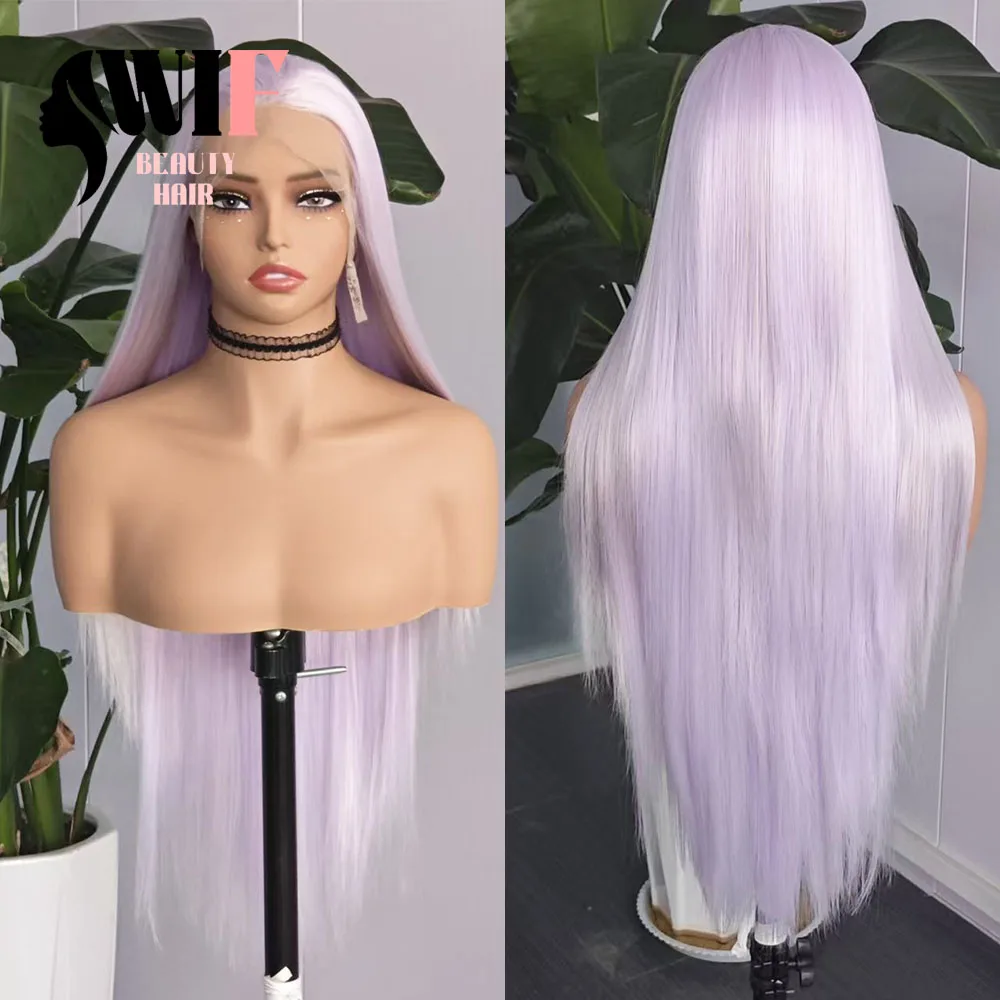 WIF Light Purple Straight Synthetic Wig Silk Straight Purple Platinum Mix Color Heat Fiber Lace Front Wigs Daily Makeup Use Hair