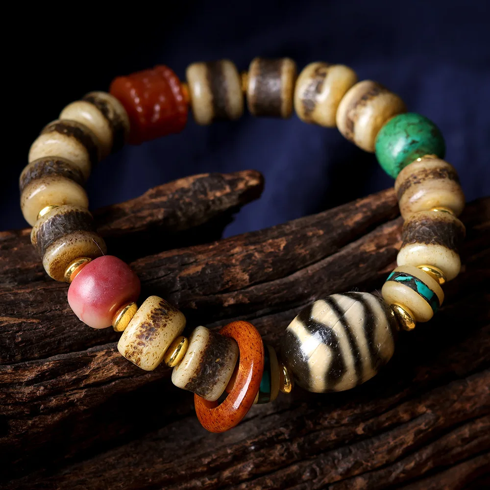

OriginalTibetan-Style Cow Bone Bracelet Antique Tiger Tooth Bead with Six-Syllable Mantra Lucky Charm Bead Ethnic-Style Bracelet