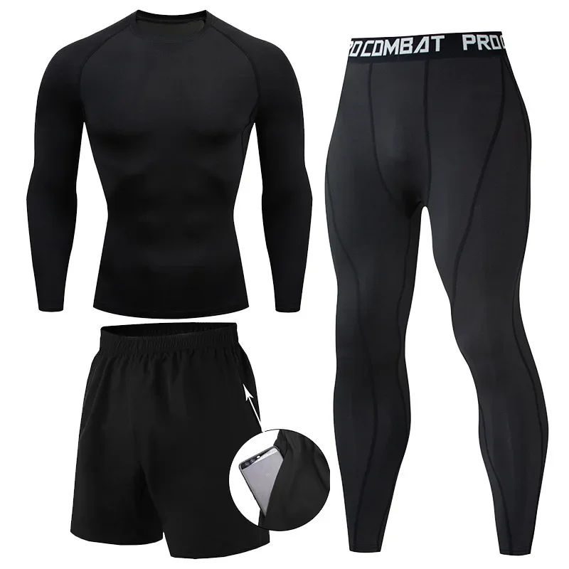 Set da uomo 2/3 pezzi Tuta da boxe rashguard kit maschile MMA abbigliamento a compressione uomo t-shirt a maniche lunghe + leggings tuta sportiva