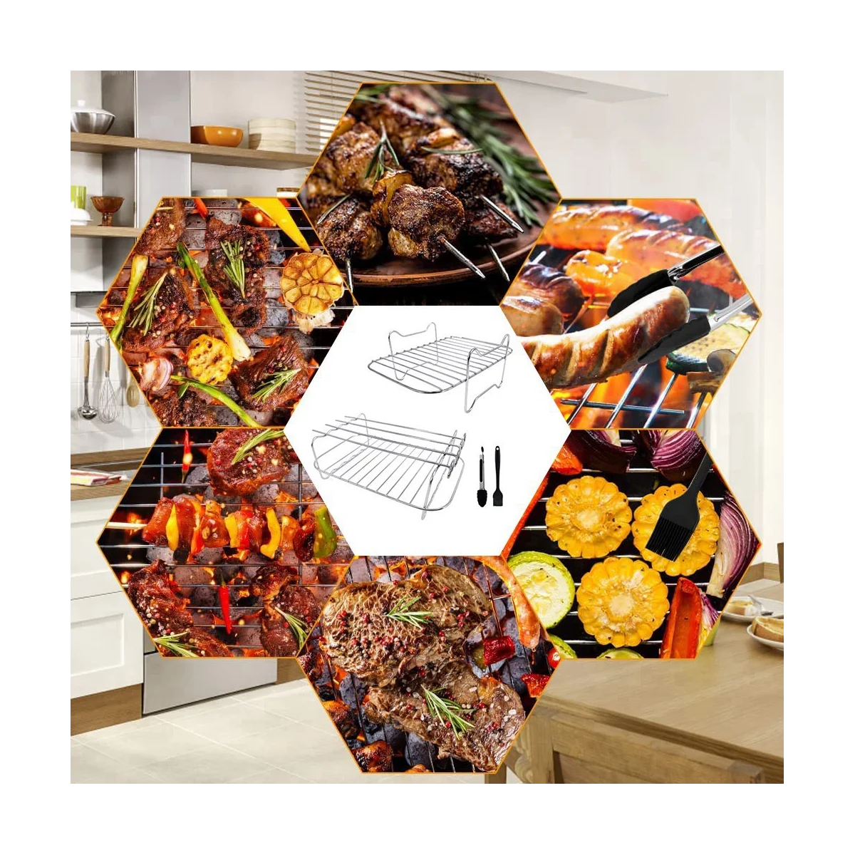 Rack for Ninja Dual , 2-Piece Rack with 4 Skewers, Brush and Clips, for Double Basket Air Fryers image 4
