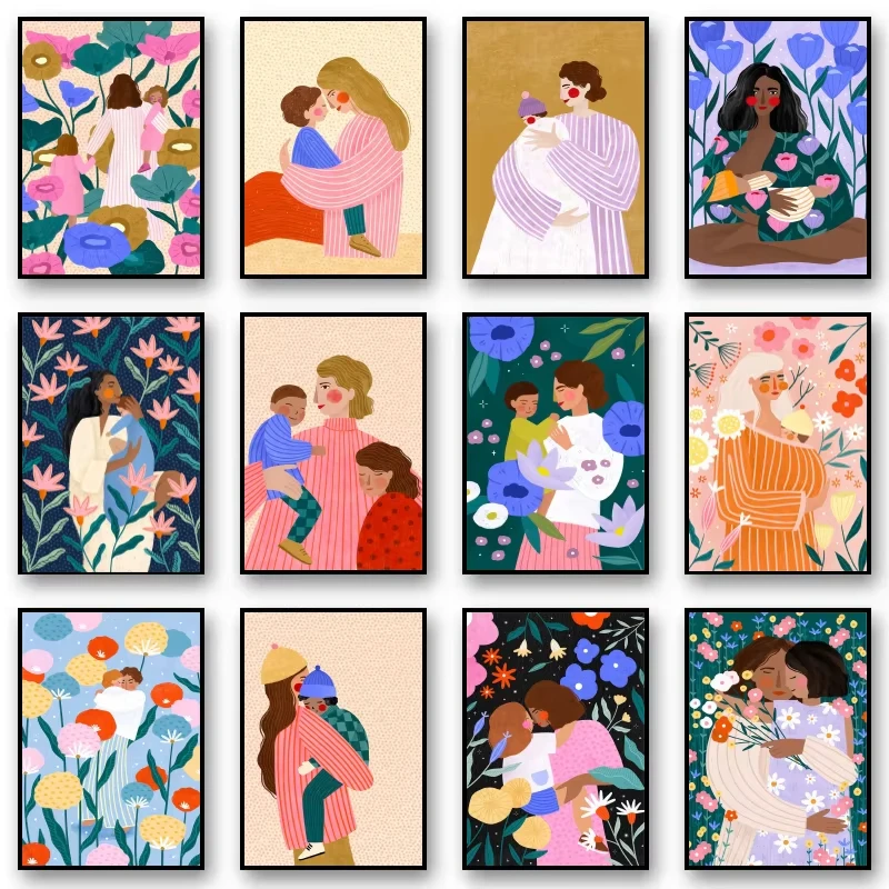 Mother&Child Floral Canvas Prints,Heartwarming Maternal Love Art Picture,Beautiful Wall Decor for Nursery Kids Room Family Home