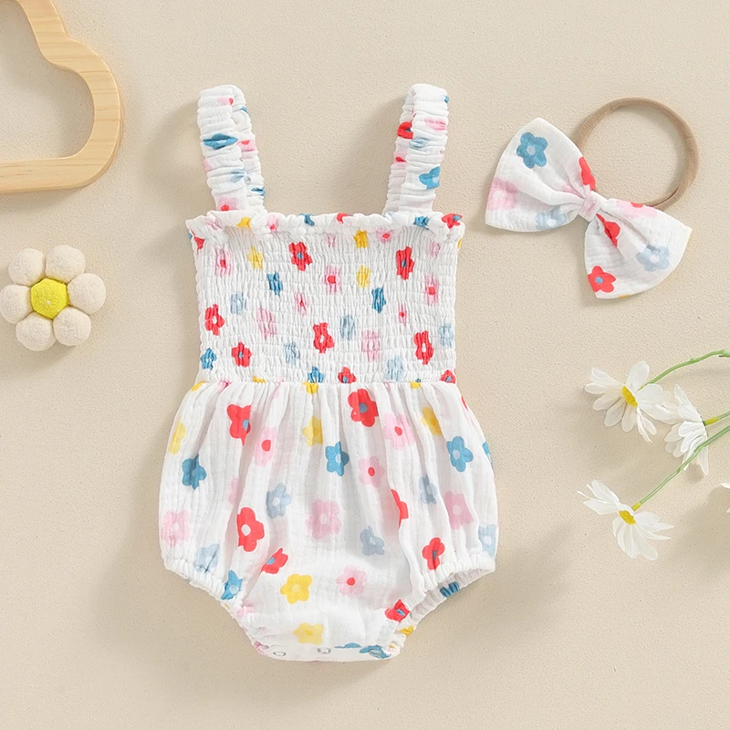 

2024-04-16 Lioraitiin Baby Girl Summer Jumpsuit Casual Floral Print Sleeveless Romper and Headband Set Cute Fashion Clothes