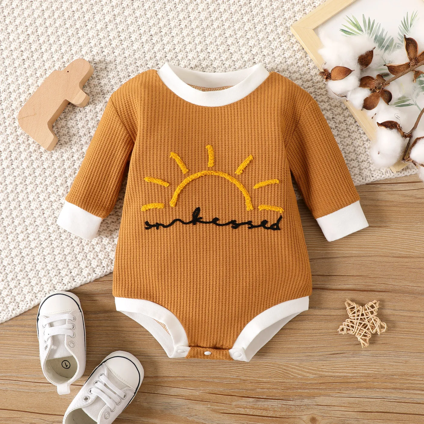 PatPat 100% Cotton Newborn Baby Girl Clothes New Born Boy Overalls Jumpsuits Sun Embroidered Long-sleeve Waffle Romper