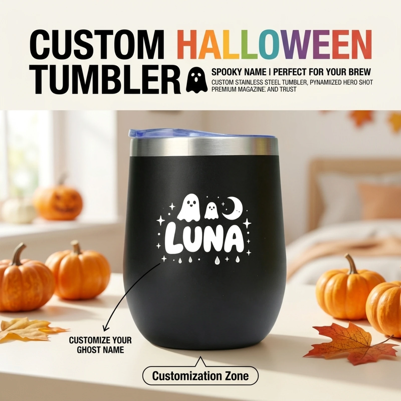 Personalized Halloween Wine Tumbler Custom Name Moon Star Print Stainless Steel Cup Travel Mug Spooky Holiday Gift.
