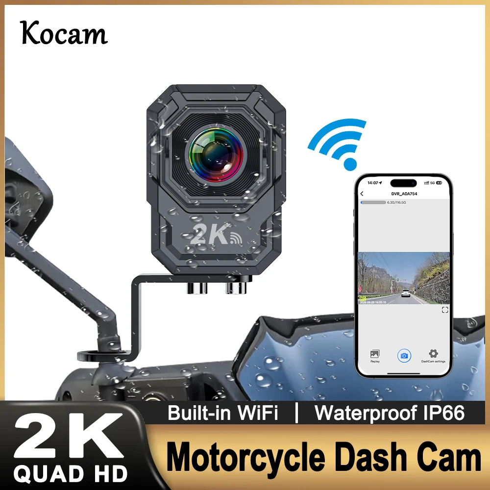2K QHD Motorcycle Dash Cam Built-in WiFi 150° Wide Angle IP66 Waterproof Shockproof Professional Riding Safety Recorder