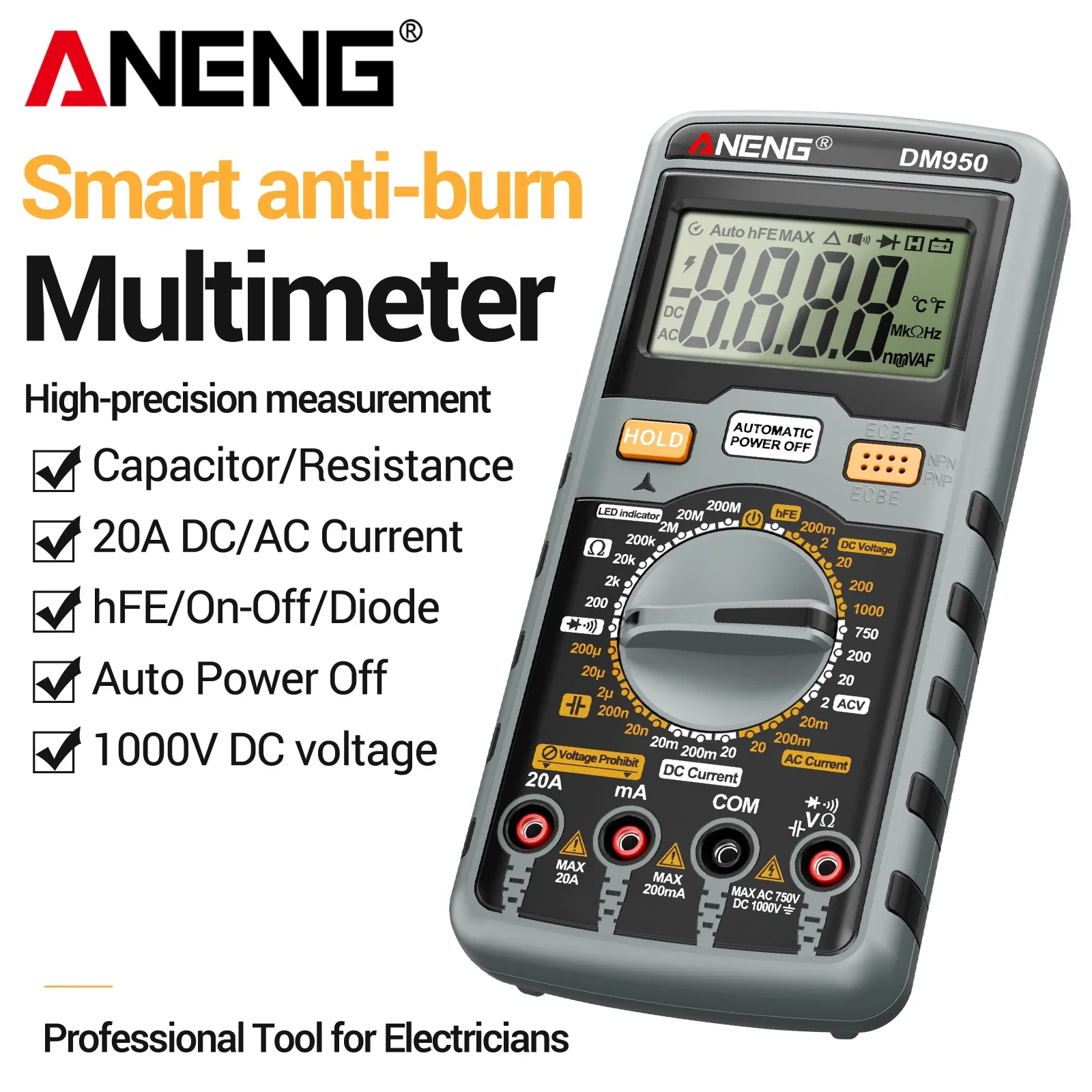 ポータブル-aneng-dm950-デジタルマルチメーター-1999カウント-ac-dc電圧-電流-抵抗-容量-ダイオード-hfe-データホールド-自動電源オフ