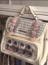 Lolita Girl Pu Leather Plaid Transparent Backpack Casual Big Capacity Schoolbag Handbag Student Leisure Travel Backpack