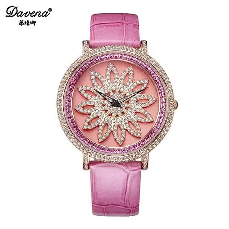 

Luxury Davena Roate Spin Women's Watch Japan Mov't Classic Crystal Lady Hours Fine Fashion Real Leather Bracelet Girl's Gift Box