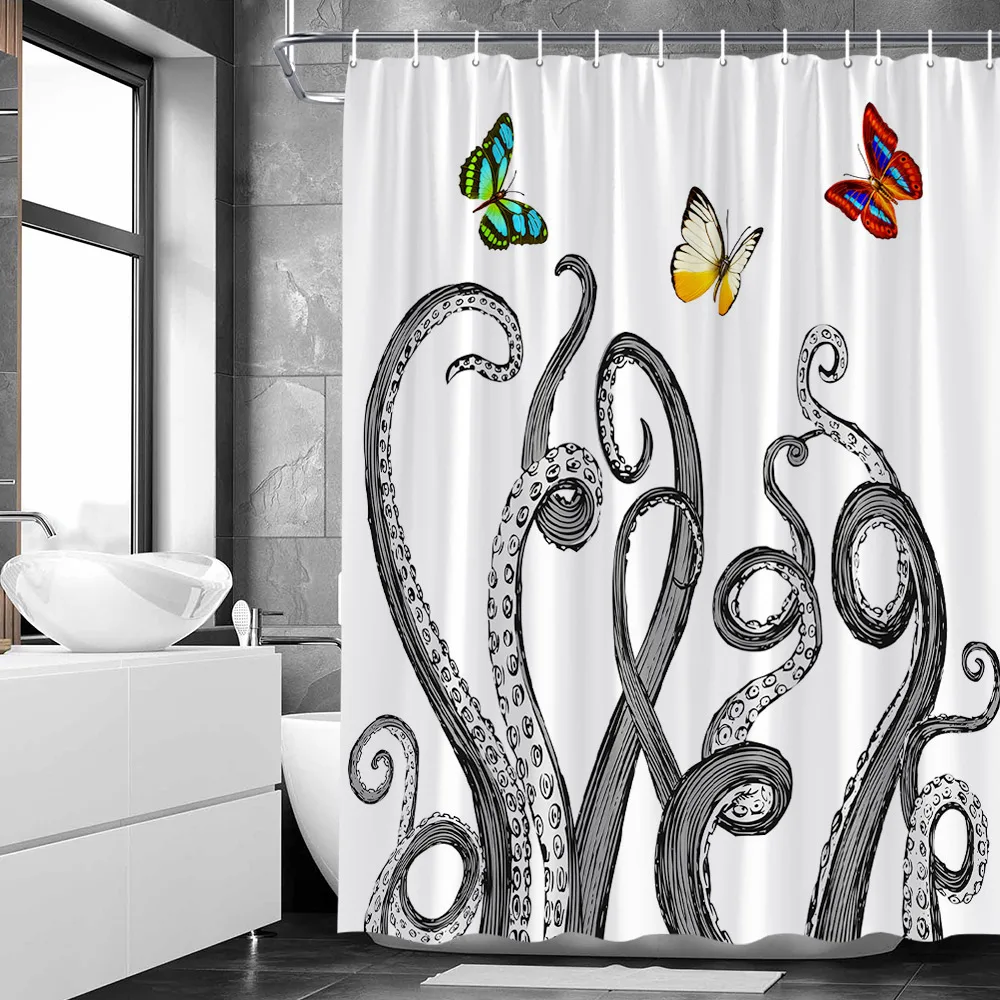 Octopus Shower Curtain Marine Creature Tentacles Butterfly Retro Bathroom Decoration Fabric Bath Accessories Set Hanging Curtain