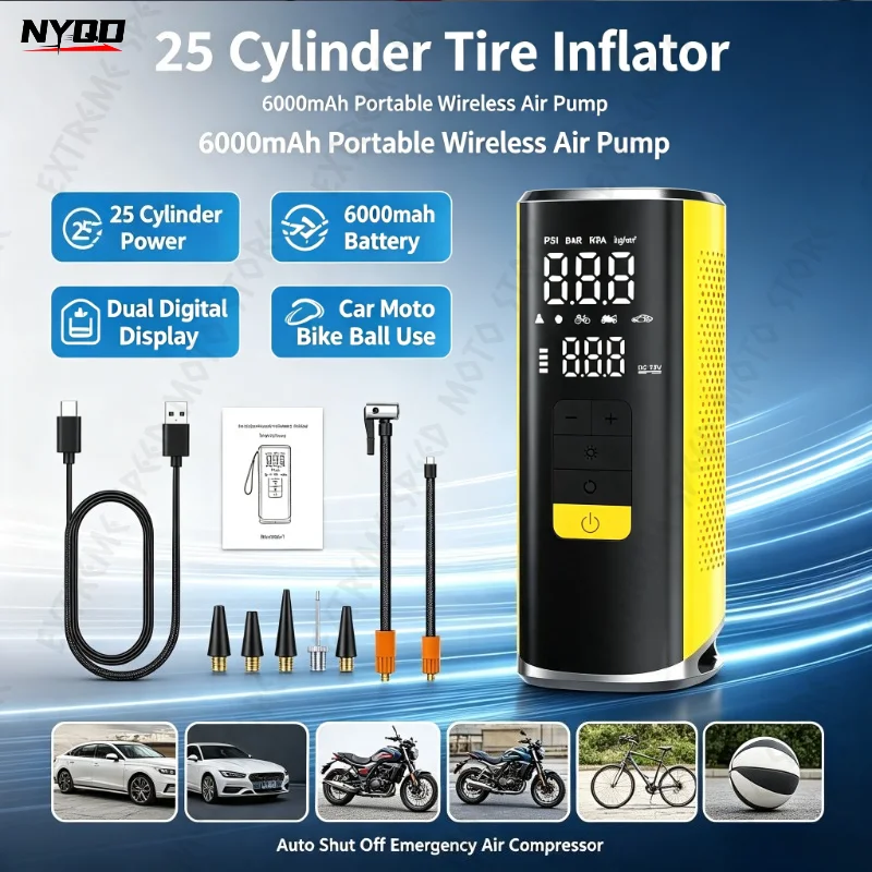 Portable 25-cylinder Wireless Tire Air Pump 6000 MAh Air Pump Suitable for Cars, Motorcycles, Bicycles, Electric Vehicles, Balls