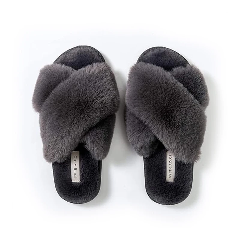 

Women's Artificial Fur Slippers Cross Band Open Toe Breathable Plush Fluffy Home Grey Slippers