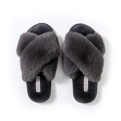 Women's Artificial Fur Slippers Cross Band Open Toe Breathable Plush Fluffy Home Grey Slippers