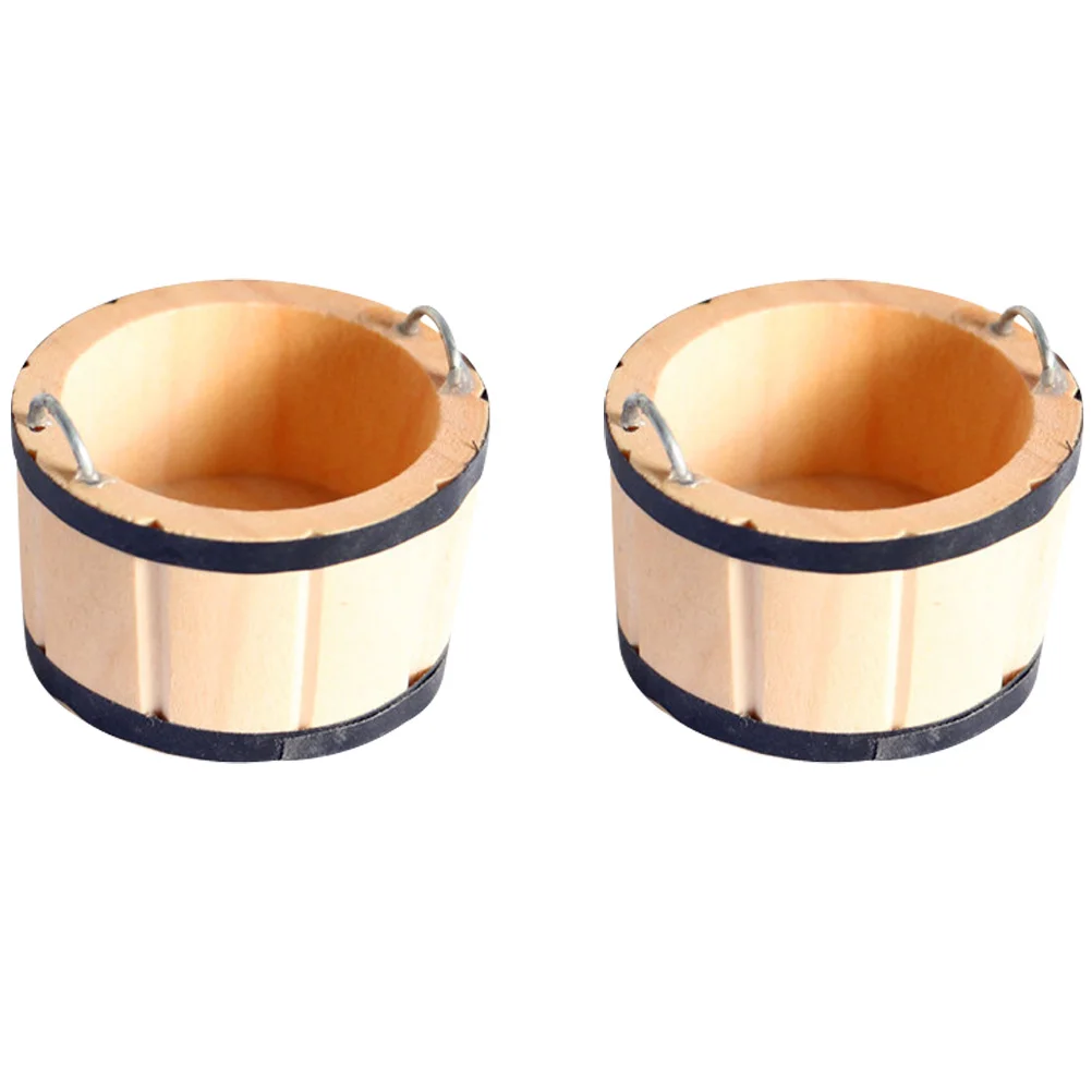 

2 Pcs Log Color Wooden Barrel Miniature Bucket House Decor Toys Buckets Accessory Small Gardening Ornament