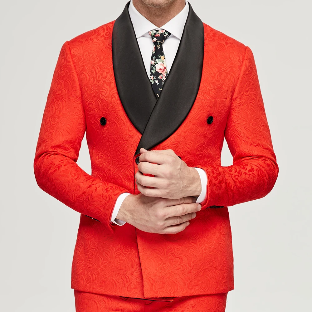 

Men's Wedding Prom Party Tuxedo Red Double Breasted Groom Men Suits Slim Fit Business Wear 2PCS Blazer Pants Male Suit