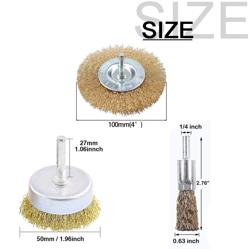 Steel Wire Brush Set Brass Coated Wire Brushes for Drill Rotary Tools Rust Removal Polishing Grinding Cleaning Tool Accessories