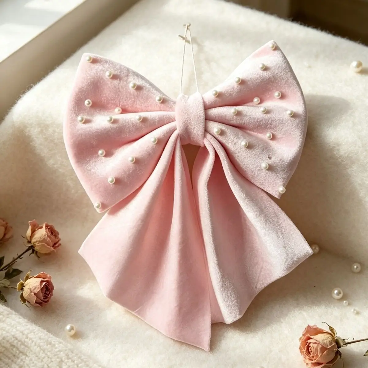 Pink Pearl Velvet Bow Door Hanging Decor Room Decoration Bedroom Wedding Room Soft Decor Hanging Ornament European Style