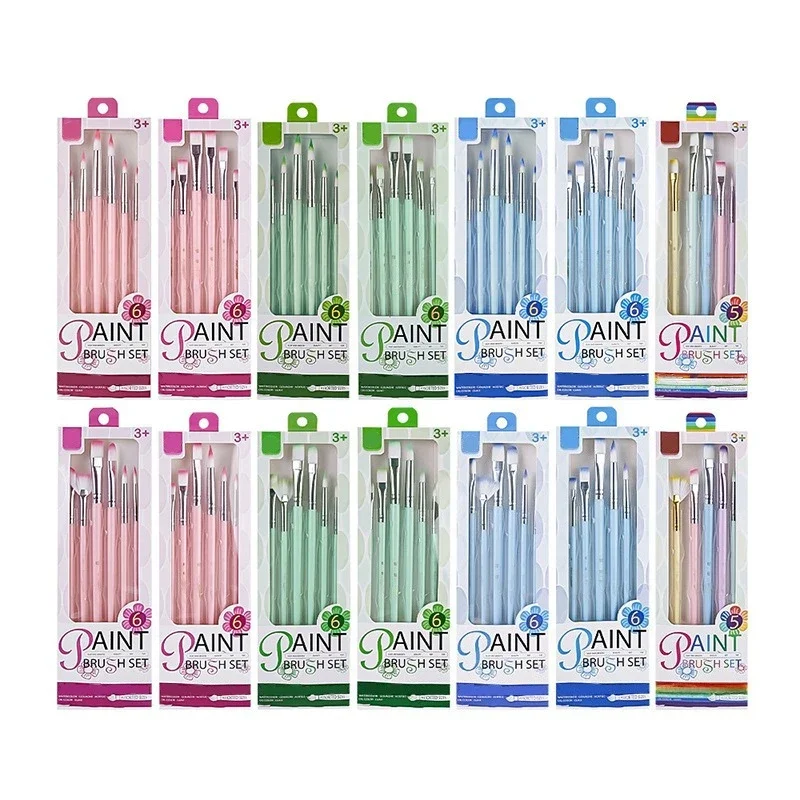 6 Pcs Set Hair Paint Brush Pastel Color Nylon Mixed Head Plastic Short Handle Acrylic Watercolor Oil Painting Art Brushes