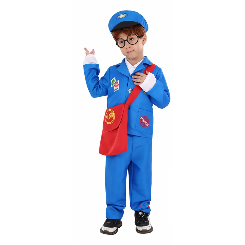 Disfraces de cartero azules para niños y niñas, para juegos de rol, disfraz de cartero para niños