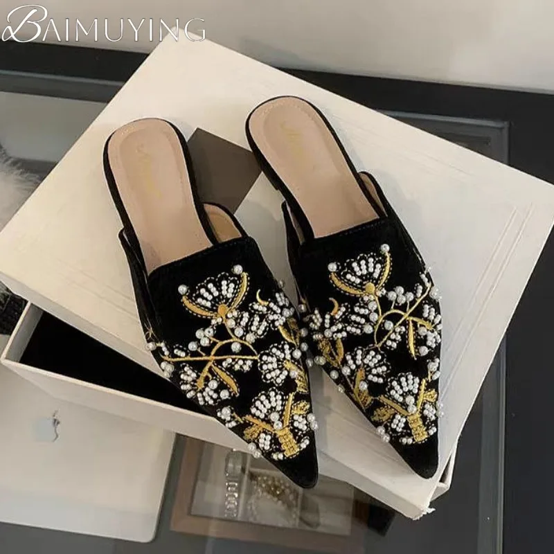 

Bead Pointed Toe Flats Slippers Women Sandals Mules Brand 2025 New Summer Designer Dress Shoes Trend Party Sandalias De Mujer